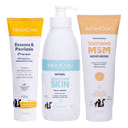 MooGoo Skin Soothing Value Set containing three MooGoo natural skincare products arranged side by side on a white background: Eczema & Psoriasis Cream in a yellow-and-white tube, Sensitive Skin Milk Wash in a white bottle with a pump and light blue label, and Soothing MSM Moisturiser in a white tube with a peach label. A 3-step routine with Milk Wash, Eczema & Psoriasis Cream and MSM Moisturiser for dry skin.