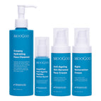 MooGoo anti-ageing antioxidant face bundle containing Antioxidant Anti-Ageing Face Cream, Creamy Hydrating Face Cleanser, Night Restoration Cream and Amplified Anti -Ageing Peptide Active Serum against white background. Unlock youthful, radiant, hydrated skin.