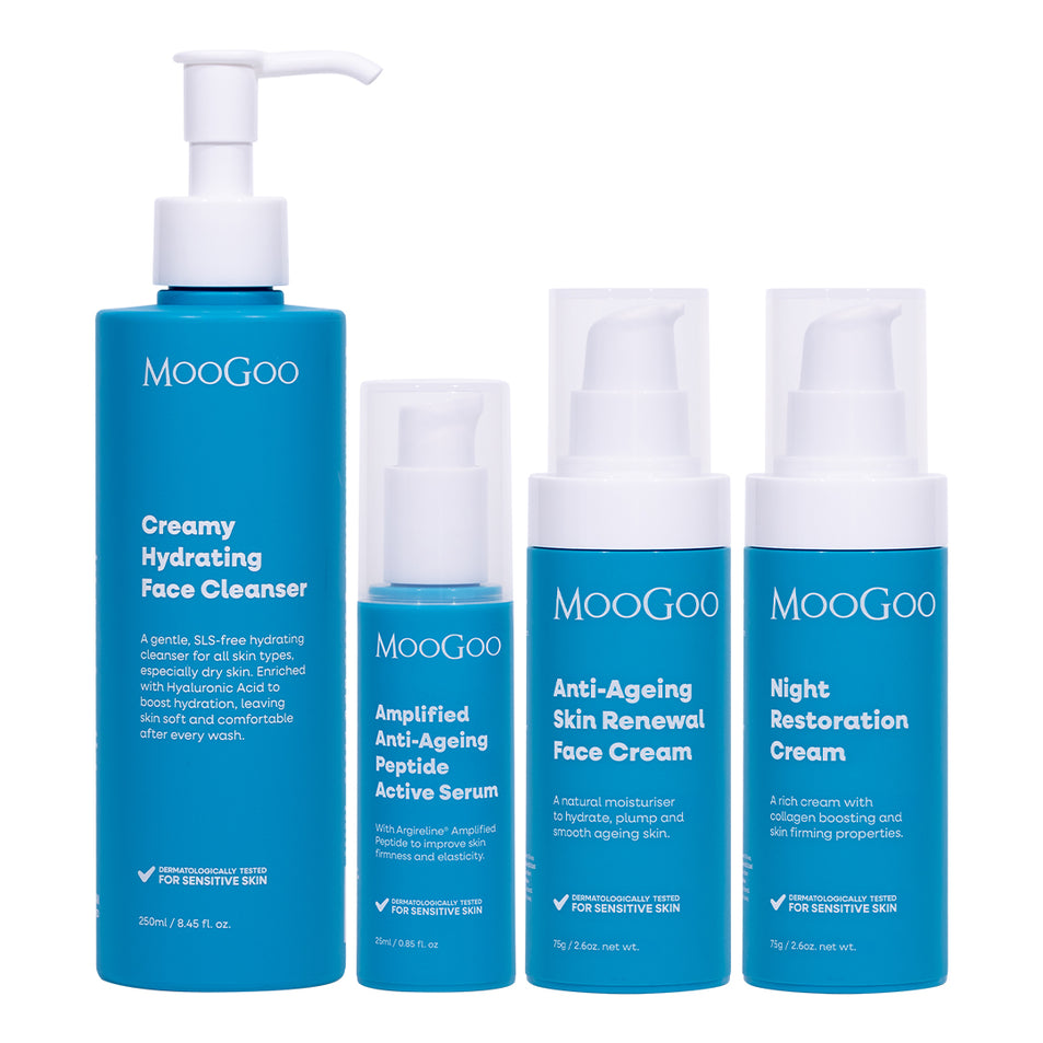 MooGoo anti-ageing antioxidant face bundle containing Antioxidant Anti-Ageing Face Cream, Creamy Hydrating Face Cleanser, Night Restoration Cream and Amplified Anti -Ageing Peptide Active Serum against white background. Unlock youthful, radiant, hydrated skin.