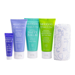 MooGoo Mini Moo Baby Travel Pack products displayed on plain background featuring Natural Nipple Balm, Baby 2-in-1 Bubbly Wash, Natural Nappy Balm, Soothing Moisturiser Nut Oil Free and Baby Cloth