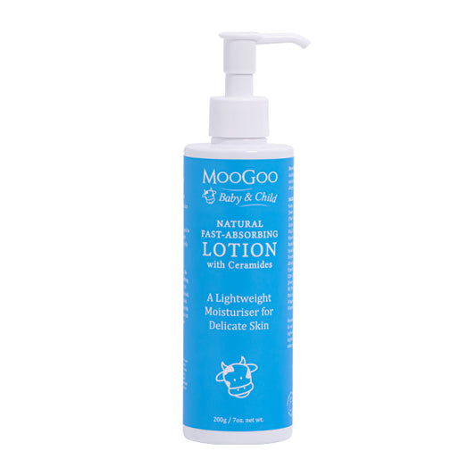 MooGoo baby and child natural fast absorbing lotion with ceramides 200g with a white background. A lightweight Moisturiser for delicate skin. 