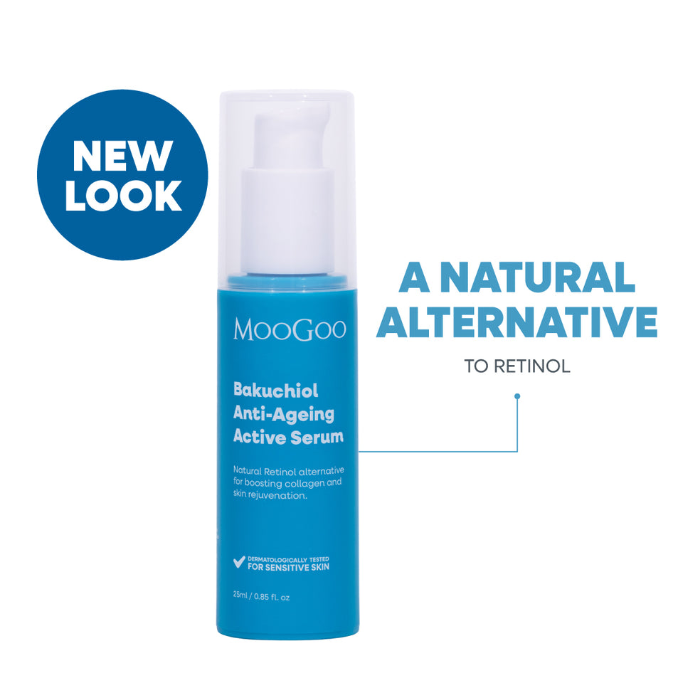 MooGoo Bakuchiol Anti-Ageing Active Serum in a bright blue bottle with a white pump, shown on a white background. Plant-based, natural retinol alternative for boosting collagen and rejuvenating skin.
