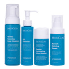 Full MooGoo blemish skincare routine pack in blue and white packaging, including Gentle Foaming Face Cleanser, Oil Cleanser, Exfoliating Micro Powder, and Blemish Calming Cream, arranged against a plain white background. 