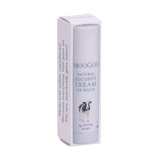 MooGoo Natural Coconut Cream Lip Balm in box on plain white background, nourishing lip care made with edible ingredients for soft hydrated lips