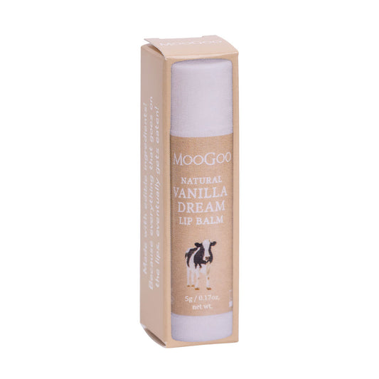 MooGoo Vanilla Dream Lip Balm boxed packaging on clean backdrop, natural moisturising lip balm for dry chapped lips made with edible safe ingredients, petroleum free, all natural.