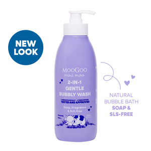 Purple bottle of MooGoo 2-in-1 Gentle Bubbly Wash with pump on a white background. Moogoo natural 2 in 1 bubbly wash in white background, Paediatrician approved gentle cleaner & bubble bath. Soap & SLS free