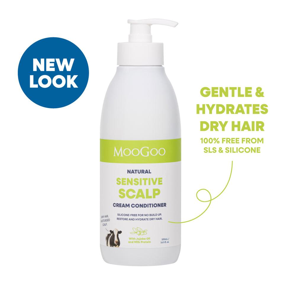 MooGoo Natural Sensitive Scalp Cream Conditioner bottle on a white background with a blue 'NEW LOOK' badge and green text highlighting gentle hydration for dry hair. Silicone free hair conditioner with jojoba oil and milk protein for sensitive scalps and all hair types.