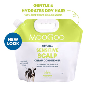 MooGoo Natural Sensitive Scalp Cream Conditioner in a 2.5L squeeze pouch with a lime green and white design, featuring a blue 'NEW LOOK' badge and text highlighting gentle hydration for dry hair. Scalp friendly silicone free conditioner eco pack with 80% less plastic.