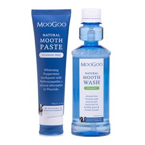 MooGoo natural Moothpaste and Moothwash on a white background - fluoride free dental care.
