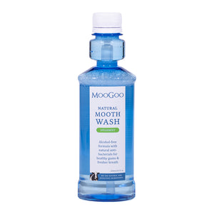 MooGoo Natural Moothwash Spearmint in hygienic blue bottle on white background, gentle alcohol and fluoride free mouthwash for healthy gums