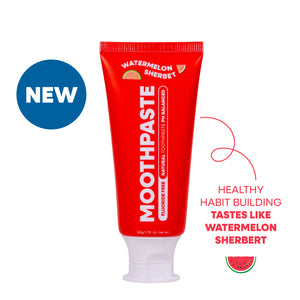 Tube of MooGoo Kids Watermelon Sherbet flavoured toothpaste on a white background. Healthy habit building, tastes like Watermelon Sherbet. Fluoride-free formula, safe for kids.