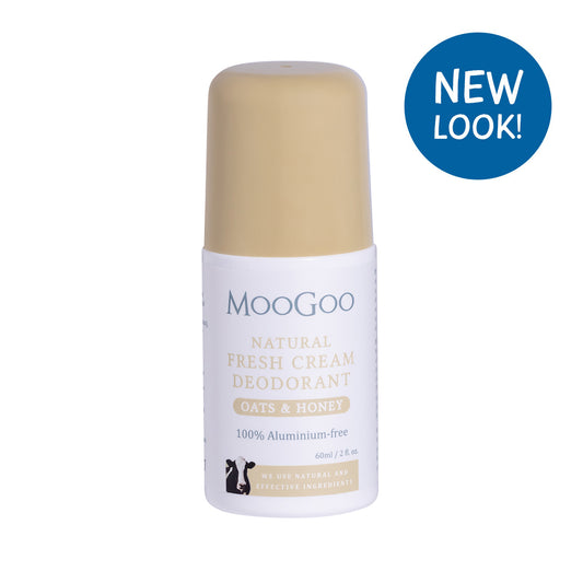 MooGoo Fresh Cream Deodorant Oats and Honey on white background, aluminium free natural roll-on with gentle alkaline formula to prevent odour