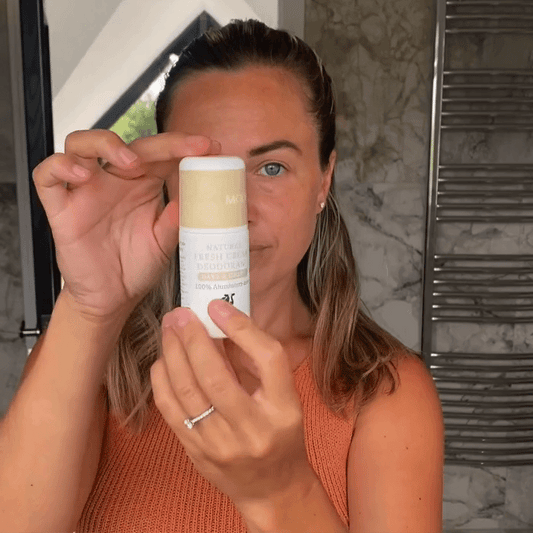 Natural Oats and Honey Fresh Cream Deodorant by MooGoo in use, aluminium free deodorant preserved with hops extract, paraben free
