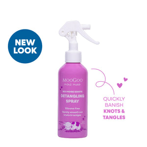 MooGoo Mini Moo Baby & Child Natural Detangling Spray 150ml with purple label, gentle conditioning spray for kids that banishes knots and tangles