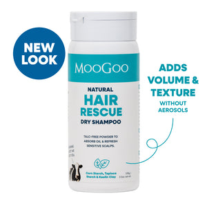 MooGoo Natural Hair Rescue Dry Shampoo bottle with a white cap and white label featuring teal branding on white background. Adds texture and volume without aerosols. 