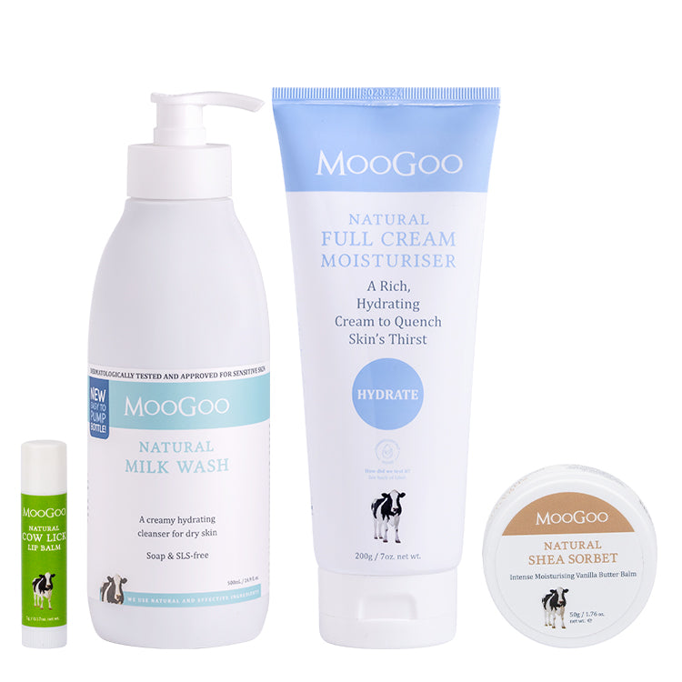 MooGoo Dry Skin Rescue Pack with four products for dry skin, including Milk Wash, Shea Sorbet, Full Cream Moisturiser and Cow Lick Lip Balm, for skin repair and barrier protection.