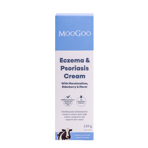 MooGoo Eczema & Psoriasis Cream new look packaging on white background, soothing natural anti inflammatory cream with marshmallow and elderberry for sensitive skin