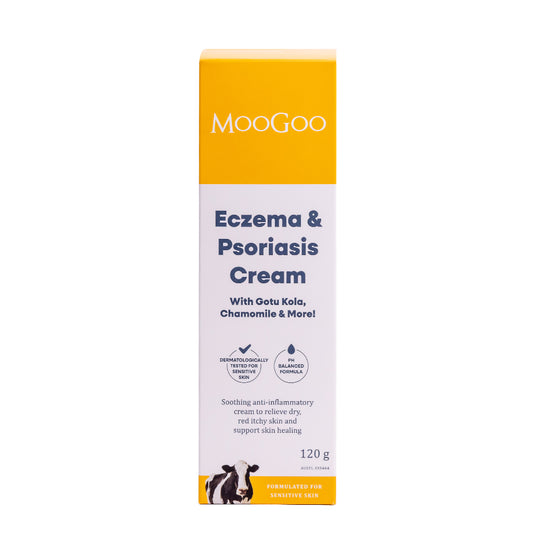 MooGoo Eczema & Psoriasis Cream packaging on a white background