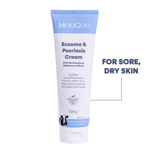 MooGoo Eczema & Psoriasis Cream in a white and light blue squeeze tube, shown on a white background with text reading 'FOR SORE, DRY SKIN'.