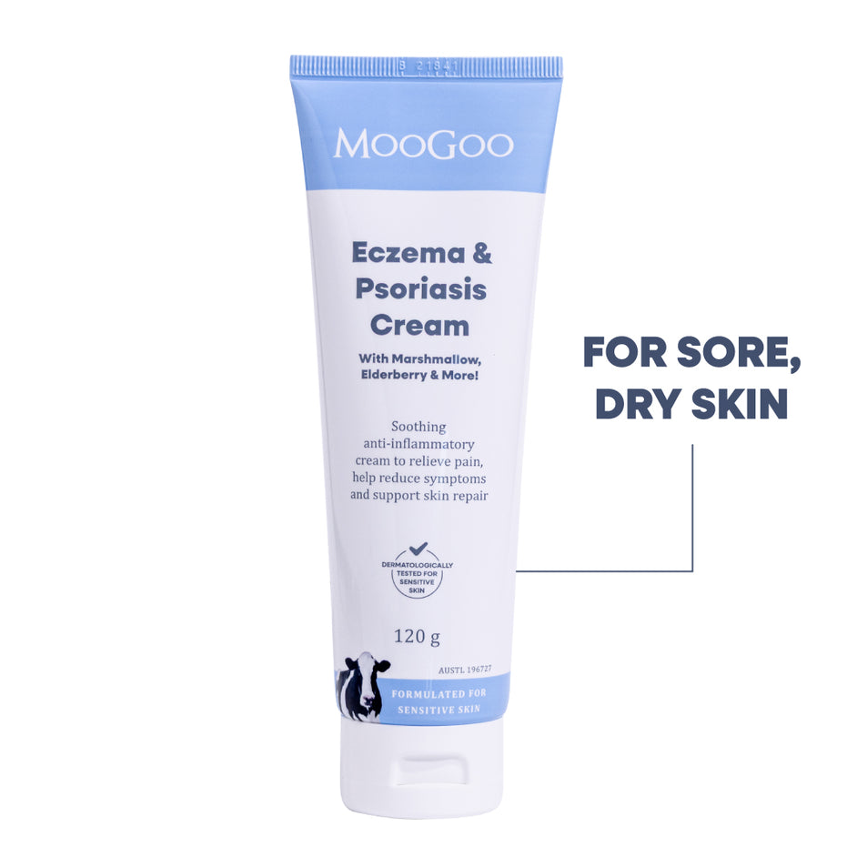 MooGoo Eczema & Psoriasis Cream in a white and light blue squeeze tube, shown on a white background with text reading 'FOR SORE, DRY SKIN'.
