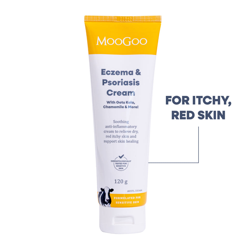 MooGoo Eczema & Psoriasis Cream in a white squeeze tube with yellow accents, shown on a white background with text reading 'FOR ITCHY, RED SKIN'.