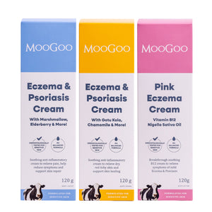 MooGoo Eczema and Psoriasis Cream Marshmallow Elderberry, Eczema and Psoriasis Cream Gotu Kola Chamomile, and Pink Eczema Cream Vitamin B12 on white background, soothing cream for sensitive eczema and psoriasis prone skin