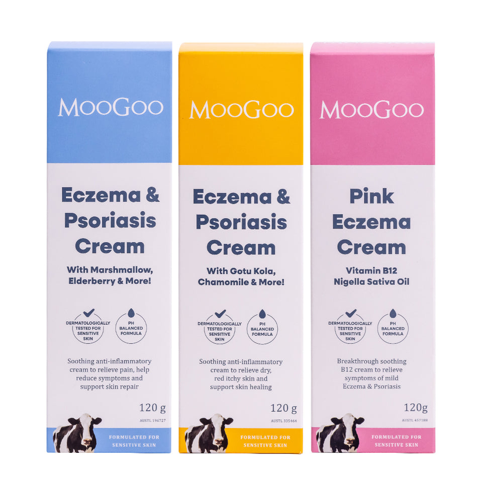 MooGoo Eczema and Psoriasis Cream Marshmallow Elderberry, Eczema and Psoriasis Cream Gotu Kola Chamomile, and Pink Eczema Cream Vitamin B12 on white background, soothing cream for sensitive eczema and psoriasis prone skin