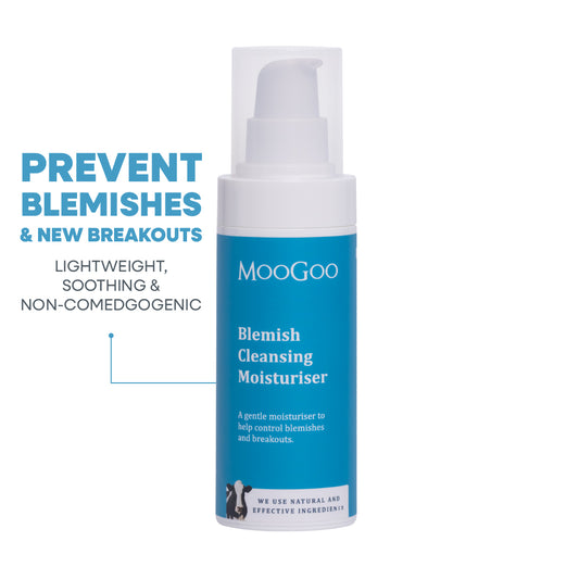 MooGoo Blemish Cleansing Moisturiser on white background, soothing natural moisturiser to reduce pimples, unclog pores and prevent oily skin