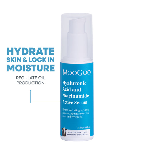 MooGoo Hyaluronic Acid and Niacinamide Active Serum on plain white background, hydrating face serum with vitamin B3 for fine lines and wrinkles, regulate oil and retain moisture