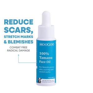 MooGoo Tamanu Face Oil in a blue bottle bottle with text on a white background.