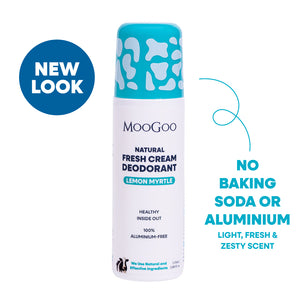 MooGoo Natural Fresh Cream Deodorant canister in Lemon Myrtle scent, featuring a white body and a turquoise cap with white spots. The image includes a blue 'NEW LOOK' badge against a white background. Natural Aluminium free roll-on formula to control odour without irritation. 