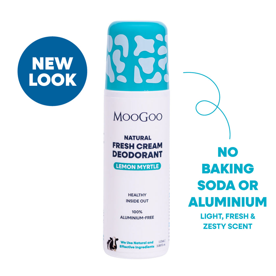 MooGoo Natural Fresh Cream Deodorant canister in Lemon Myrtle scent, featuring a white body and a turquoise cap with white spots. The image includes a blue 'NEW LOOK' badge against a white background. Natural Aluminium free roll-on formula to control odour without irritation. 