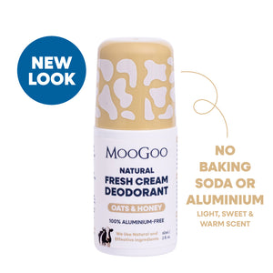 MooGoo Natural Fresh Cream Oats & Honey deodorant roll-on bottle with a beige and white cow-print cap, shown on a white background with a blue 'NEW LOOK' badge. Aluminium and baking soda free natural roll-on with gentle alkaline formula to prevent odour. 