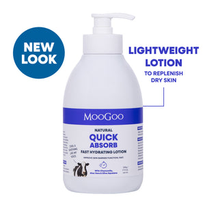A bottle of MooGoo Natural Quick Absorb fast hydrating lotion with a pump dispenser, shown on a white background with promotional text overlays 'NEW LOOK' and 'LIGHTWEIGHT LOTION TO REPLENISH DRY SKIN'. MooGoo Natural Quick Absorb Lotion 500g, lightweight fast absorbing moisturiser with chamomile, aloe vera and olive squalane for sensitive skin, improve barrier function.