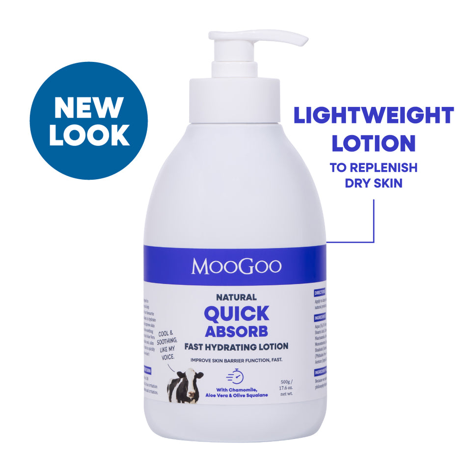 A bottle of MooGoo Natural Quick Absorb fast hydrating lotion with a pump dispenser, shown on a white background with promotional text overlays 'NEW LOOK' and 'LIGHTWEIGHT LOTION TO REPLENISH DRY SKIN'. MooGoo Natural Quick Absorb Lotion 500g, lightweight fast absorbing moisturiser with chamomile, aloe vera and olive squalane for sensitive skin, improve barrier function.
