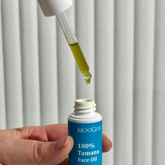 MooGoo 100% Tamanu Face Oil with dropper against a neutral background