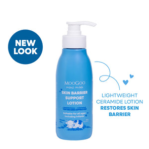 MooGoo Mini Moo Skin Barrier Support Lotion in a blue pump bottle, shown on a white background with a blue 'NEW LOOK' badge and descriptive text. MooGoo baby and child natural fast absorbing lotion with ceramides 200g with a white background. A lightweight Moisturiser for delicate skin. 