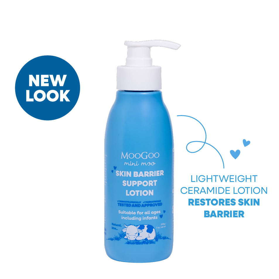 MooGoo Mini Moo Skin Barrier Support Lotion in a blue pump bottle, shown on a white background with a blue 'NEW LOOK' badge and descriptive text. MooGoo baby and child natural fast absorbing lotion with ceramides 200g with a white background. A lightweight Moisturiser for delicate skin. 