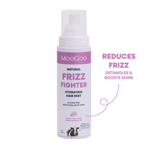 MooGoo Natural Frizz Fighter Hydrating Hair Mist in a white spray bottle with pink and black text, shown on a white background. Silicone-free frizz spray with jojoba oil and pro vitamin B5. 