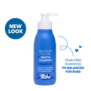 MooGoo Baby & Child Natural Gentle Shampoo on white background, tear-free shampoo for bubs, mild formula for sensitive scalps and baby skin