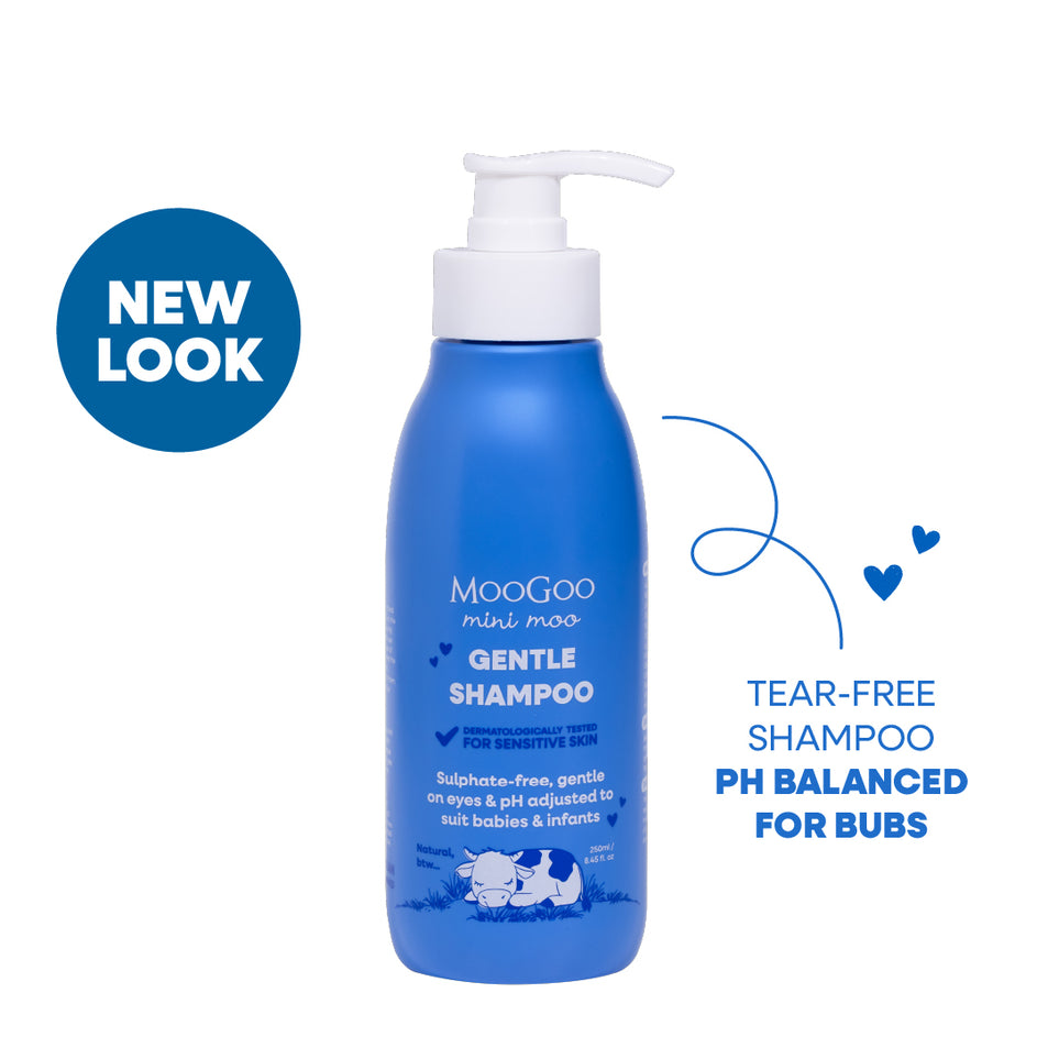 MooGoo Baby & Child Natural Gentle Shampoo on white background, tear-free shampoo for bubs, mild formula for sensitive scalps and baby skin