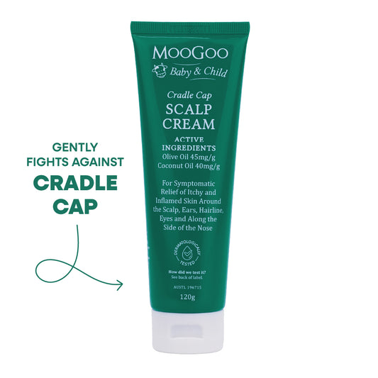 Tube of MooGoo Baby Scalp Cream with green packaging, highlighting its use for relieving itchy and inflamed skin around the scalp, ears, hairline, eyes, and side of the nose.