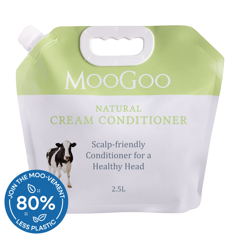 MooGoo Natural Cream Conditioner refill pouch 2.5L on white background, scalp friendly silicone free conditioner eco pack with 80% less plastic