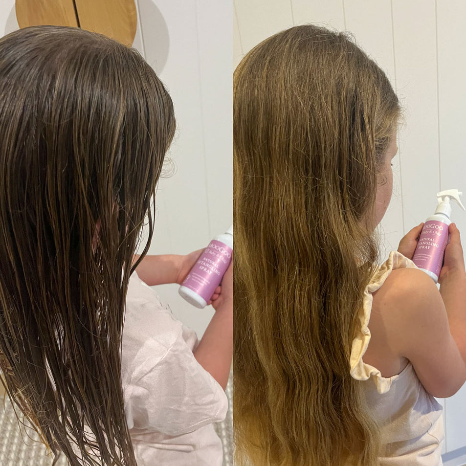 Child holding MooGoo Baby & Child Natural Detangling Spray with before and after results, wet tangled hair transformed into smooth waves