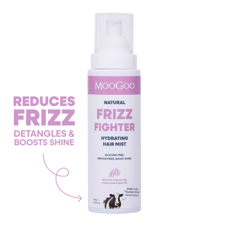 Close-up of MooGoo Natural Frizz Fighter Hydrating Hair Mist 180ml, silicone-free frizz spray with jojoba oil and pro vitamin B5