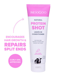MooGoo Protein Shot Leave-In Conditioner 120g tube on white background, natural silicone-free formula for split ends and hair protection