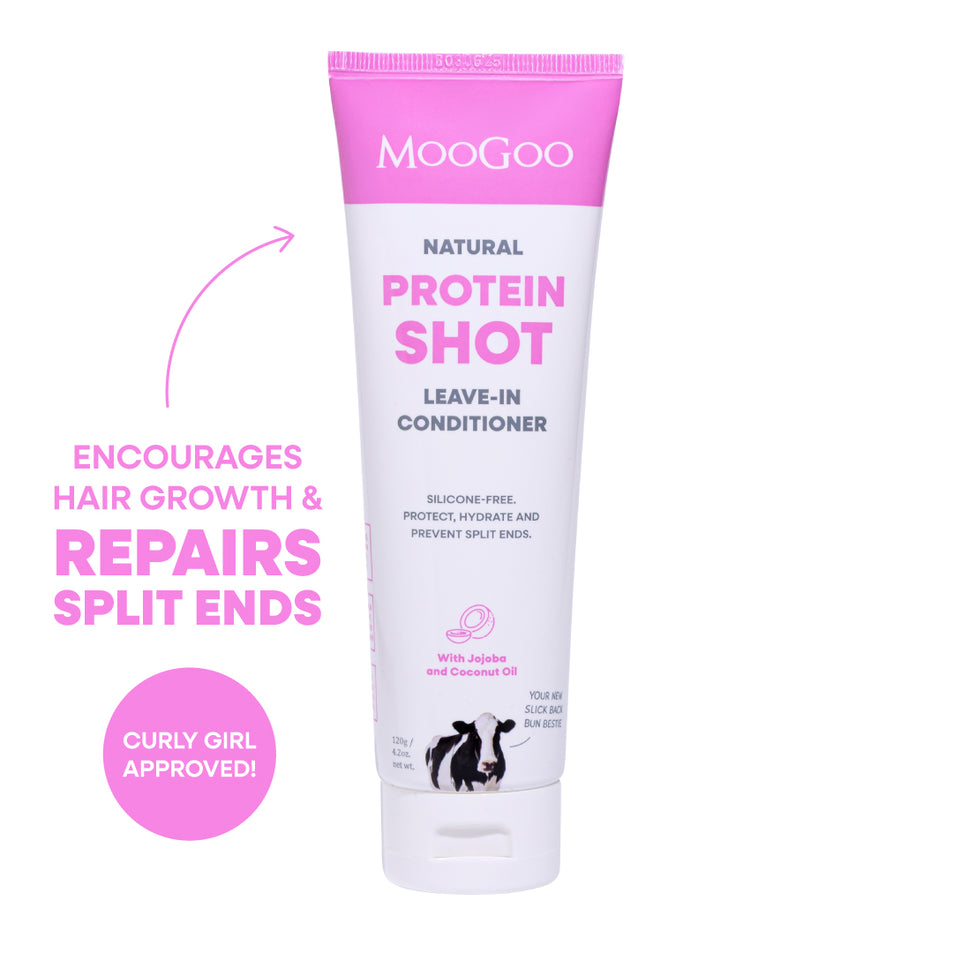 MooGoo Protein Shot Leave-In Conditioner 120g tube on white background, natural silicone-free formula for split ends and hair protection