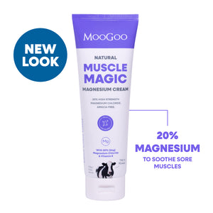 MooGoo Natural Muscle Magic Magnesium Cream in a white squeeze tube with a purple cap, shown on a white background with a blue 'NEW LOOK' badge and a callout reading '20% MAGNESIUM TO SOothe Sore Muscles'. Soothing skin and relieving muscle tension. 
