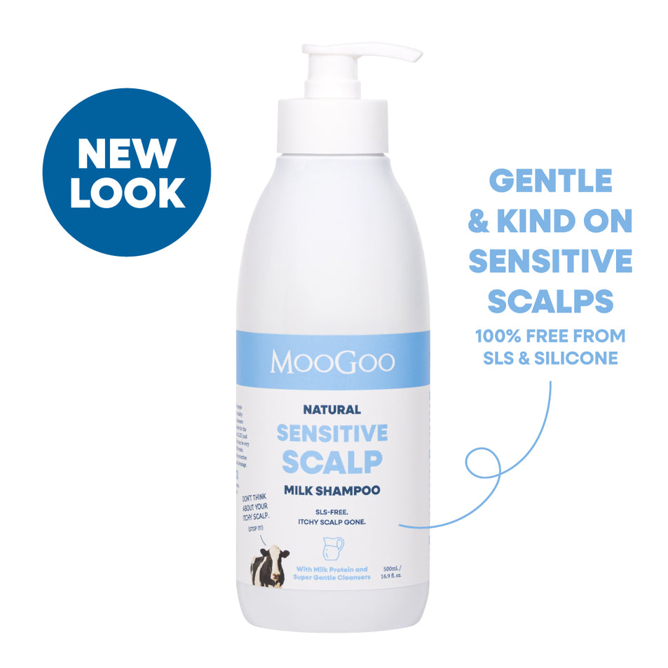 MooGoo Natural Sensitive Scalp Milk Shampoo bottle in a white pump bottle with a blue label band, shown on a white background with a blue 'NEW LOOK' badge and marketing text. Dermatologist-approved scalp care, SLS free.