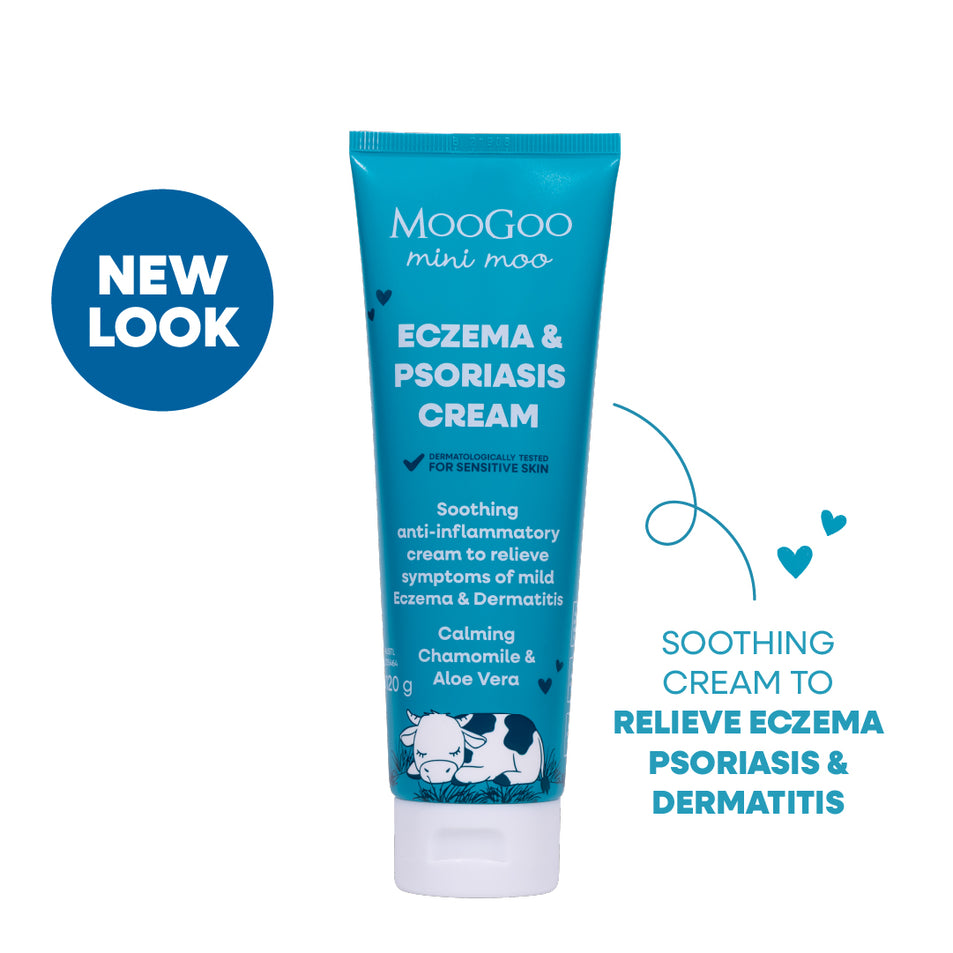 MooGoo mini moo Eczema & Psoriasis Cream in a blue squeeze tube with a white cap, shown on a white background with promotional text and a blue 'NEW LOOK' badge. Relieves Itchy, Irritated & Inflamed Skin Caused By Mild Eczema, Dermatitis & Mild Psoriasis.